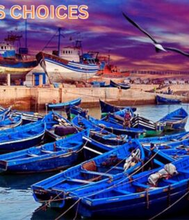 Blue fishing boats docked in the harbor with a fish market nearby in Essaouira.