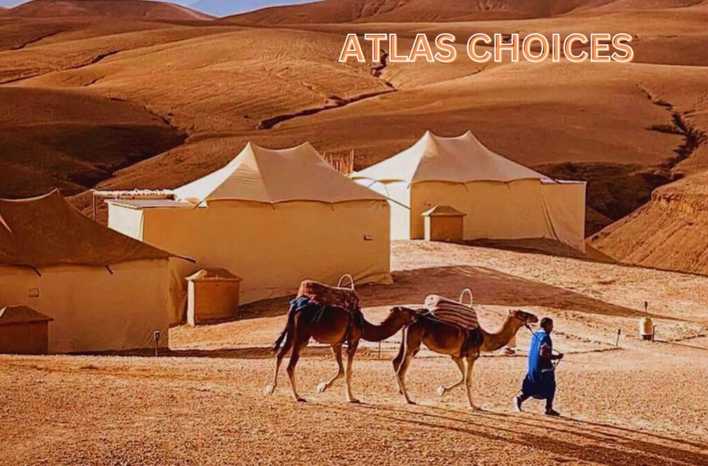 Tourists enjoying camel rides in the Agafay Desert near Marrakech.