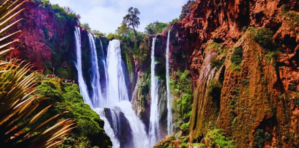 Majestic Ouzoud Waterfalls in Morocco surrounded by lush greenery, a perfect day trip from Marrakech.