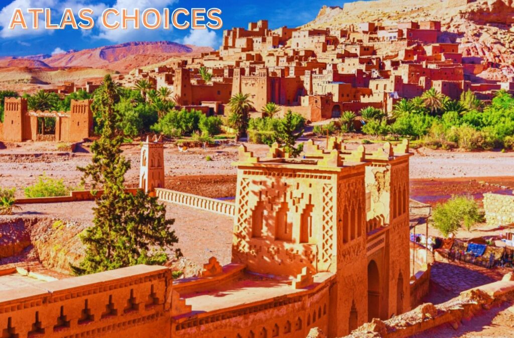 A view of Kasbah Ait Ben Haddou with its distinctive earthen buildings and dramatic backdrop.