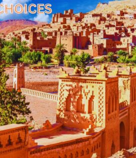 A view of Kasbah Ait Ben Haddou with its distinctive earthen buildings and dramatic backdrop.