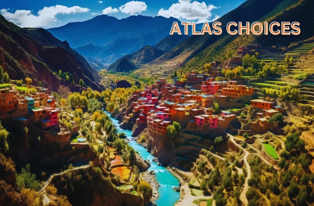 Winding road through the Atlas Mountains with stunning views of hills and valleys.