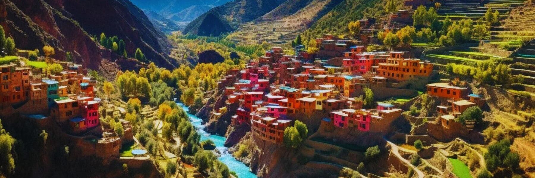 Winding road through the Atlas Mountains with stunning views of hills and valleys.