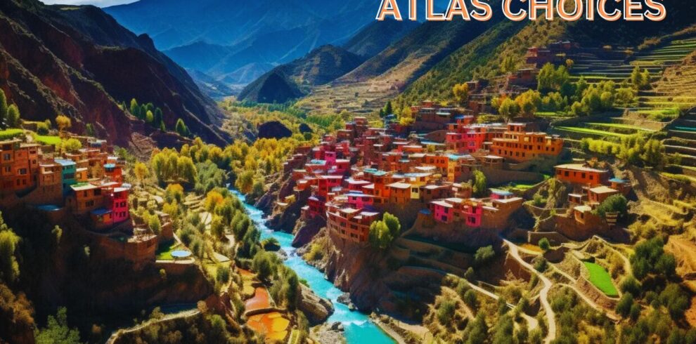 Winding road through the Atlas Mountains with stunning views of hills and valleys.