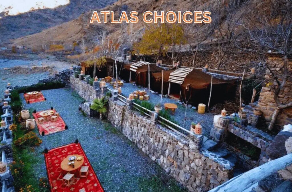 Moroccan tagine served with fresh bread, overlooking Imlil Valley.