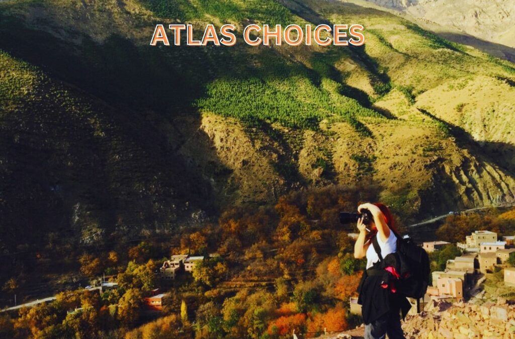 Hiker on a scenic trail surrounded by lush greenery in Imlil Valley.