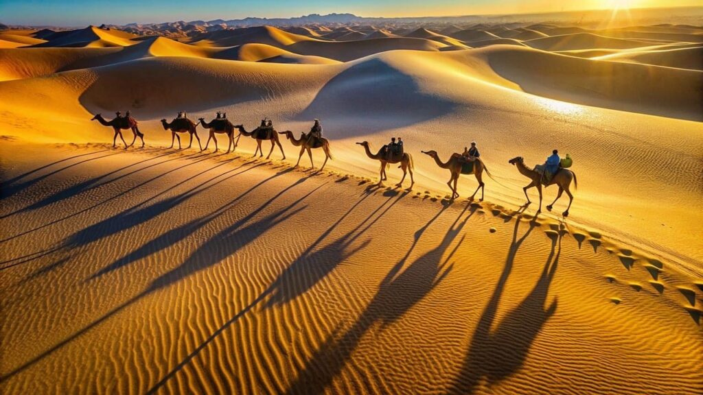 Camel caravan trekking across the golden Erg Chebbi dunes at sunset.