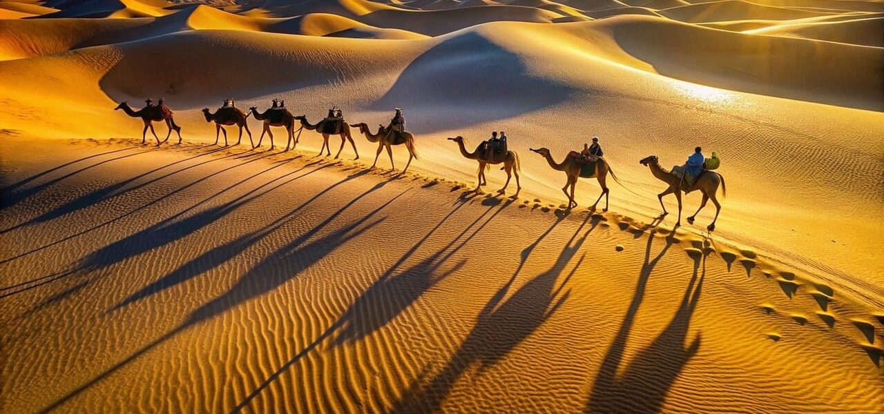 Camel caravan trekking across the golden Erg Chebbi dunes at sunset.