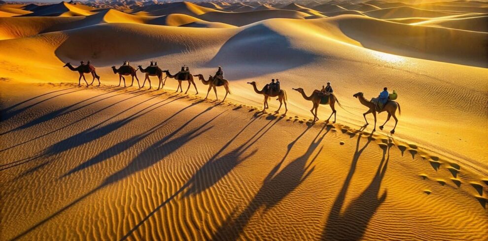 Camel caravan trekking across the golden Erg Chebbi dunes at sunset.