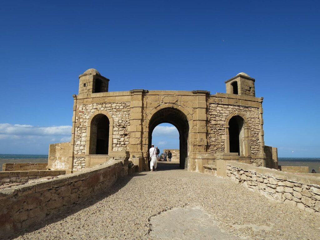 Stone walls of Sekkala fortress overlooking the Atlantic Ocean in Essaouira.