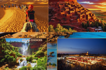 Top Moroccan tourist attractions including Marrakech, Chefchaouen, and the Sahara Desert.