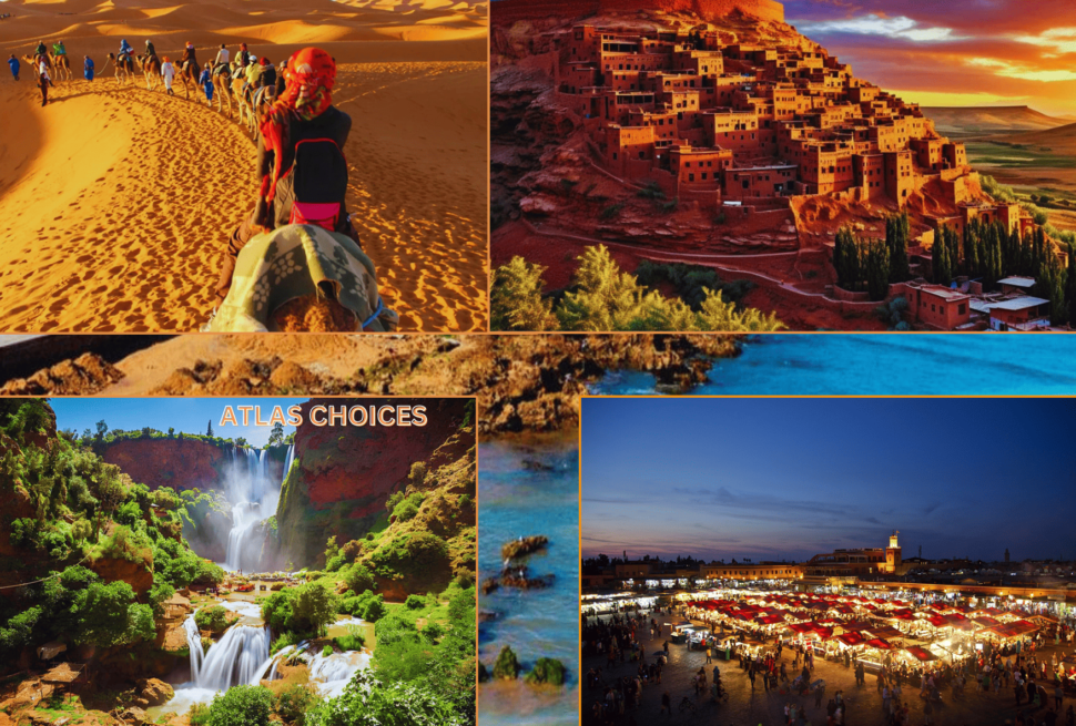 Top Moroccan tourist attractions including Marrakech, Chefchaouen, and the Sahara Desert.