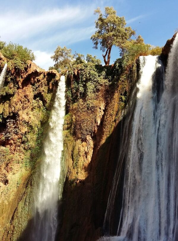 Ouzoud Waterfalls, the tallest in Morocco, cascading 110 meters surrounded by lush greenery in the Middle Atlas Mountains.